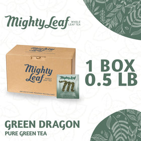 Mighty Leaf Green Dragon whole-leaf tea in silk pouch for fuller infusion.