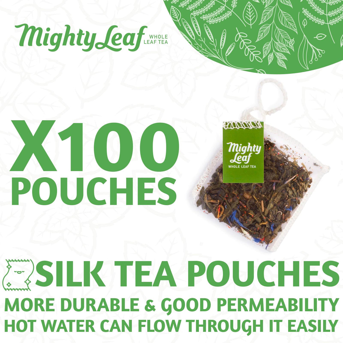 Mighty Leaf Green Tea Tropical fruit notes and floral accents in pyramid bags.