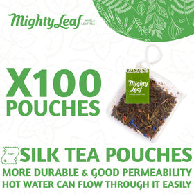 Mighty Leaf Green Tea Tropical fruit notes and floral accents in pyramid bags.