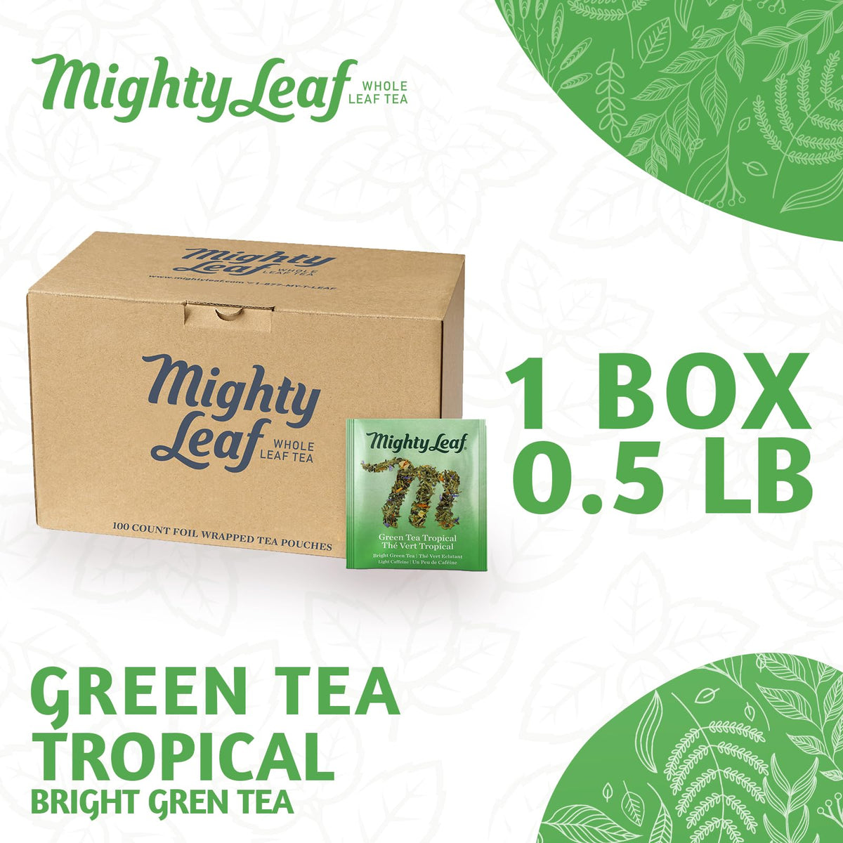 Mighty Leaf Green Tea Tropical whole leaf blend delivering rich aroma.