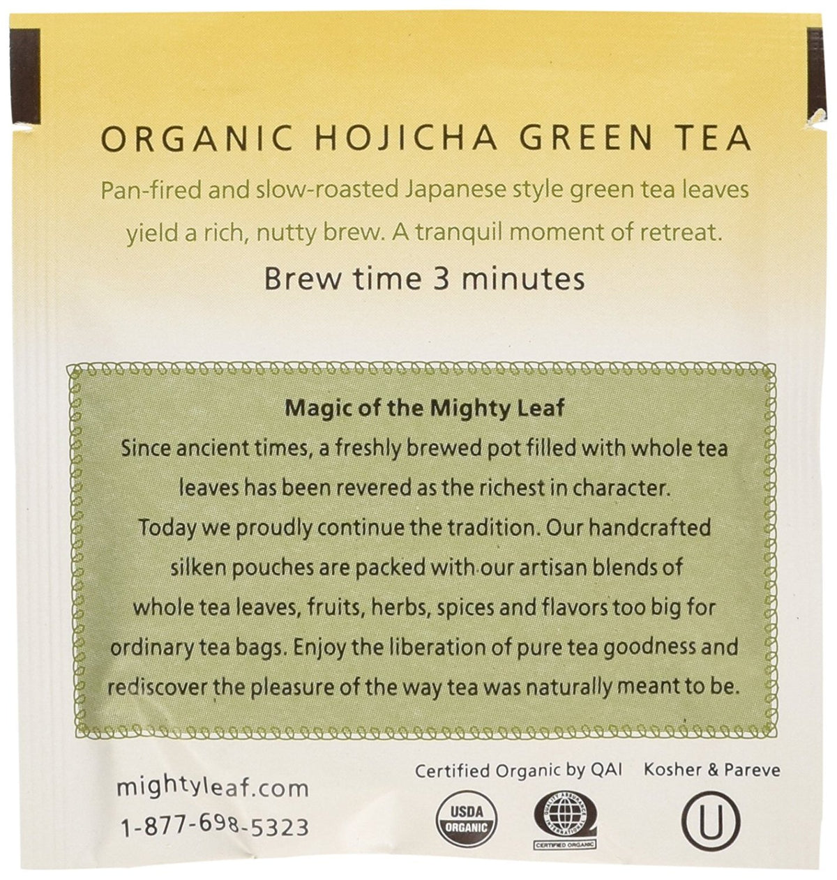 Mighty Leaf Hojicha silken tea pouches ready to brew a smooth, roasted cup.