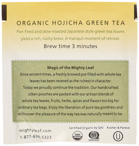 Mighty Leaf Hojicha silken tea pouches ready to brew a smooth, roasted cup.
