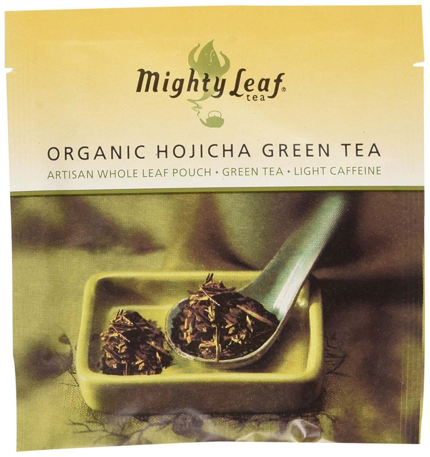 Mighty Leaf Hojicha tea pouches in foil-wrapped packaging preserve aroma for fresh taste.