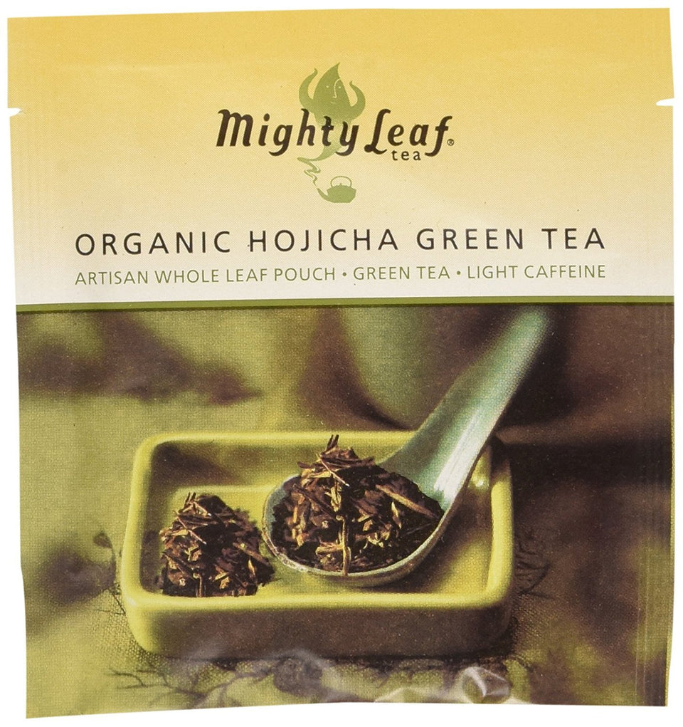 Mighty Leaf Hojicha tea pouches in foil-wrapped packaging preserve aroma for fresh taste.