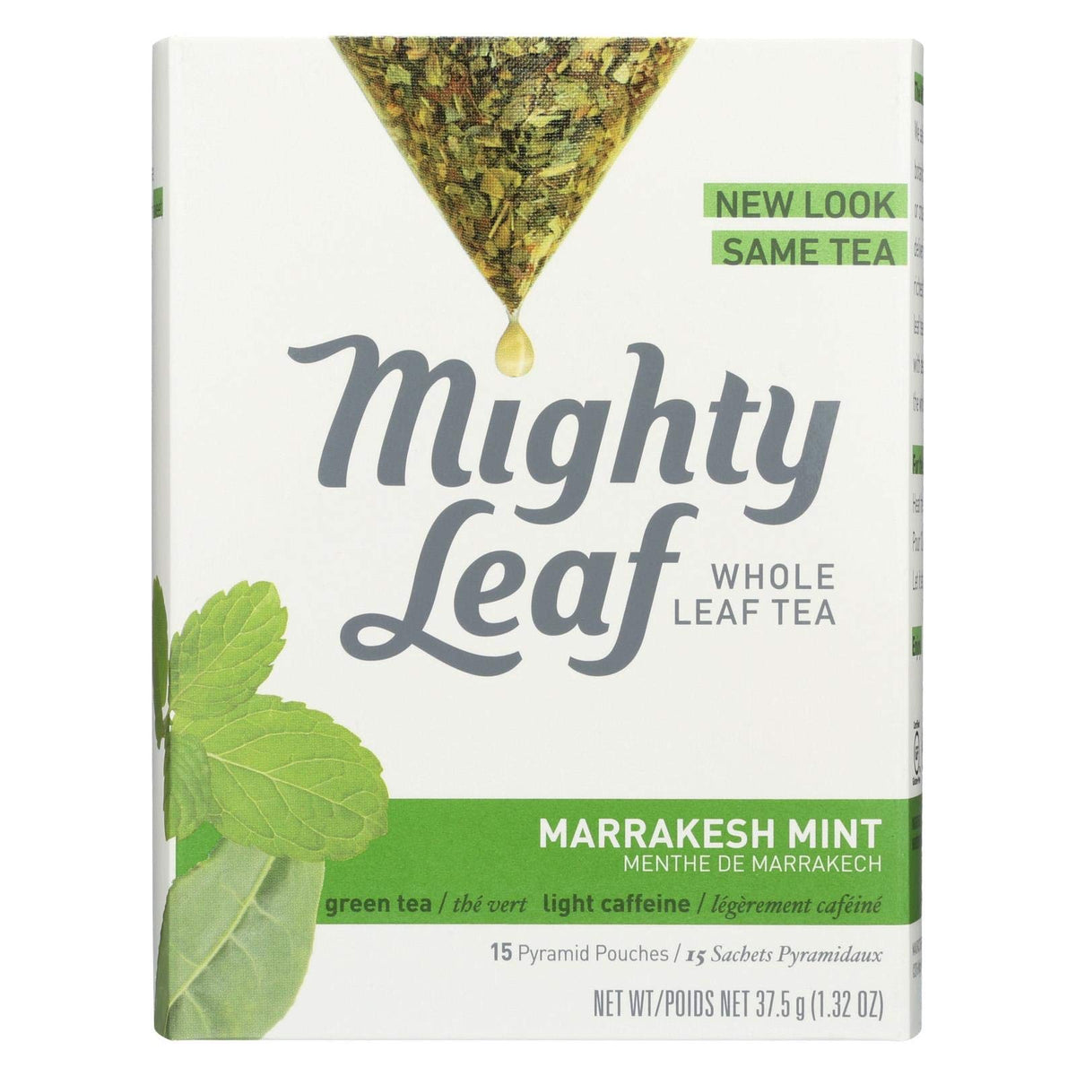 Mighty Leaf Marrakesh Mint tea bag steeping for a refreshing mint moment