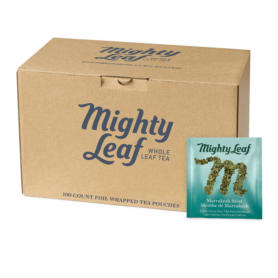 Mighty Leaf Marrakesh Mint tea pouch foil-wrapped for lasting freshness.