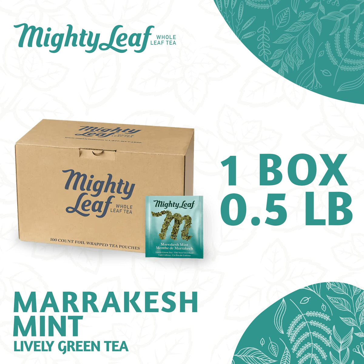 Mighty Leaf Marrakesh Mint silken pouch unfurling to release flavor.