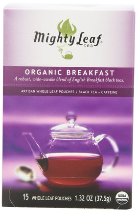Mighty Leaf Organic Breakfast Black Tea silken pouches unfurling for rich aroma.