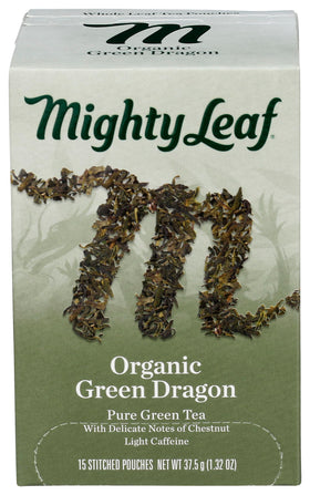 Mighty Leaf Organic Green Dragon hand-stitched tea bags pack for a calming ritual.