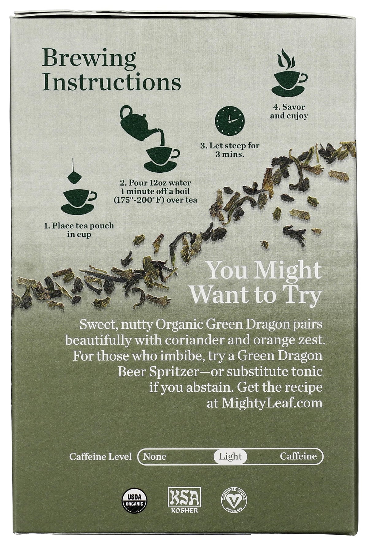 Mighty Leaf Organic Green Dragon tea with light caffeine for afternoon refreshment.