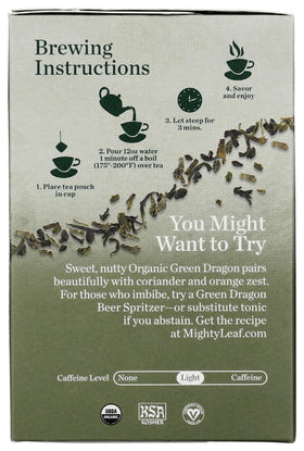 Mighty Leaf Organic Green Dragon tea with light caffeine for afternoon refreshment.