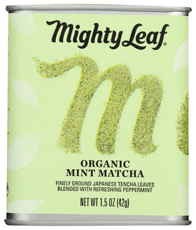 Mighty Leaf Mint Matcha tin front view showing unsweetened mint blend for fresh drinks