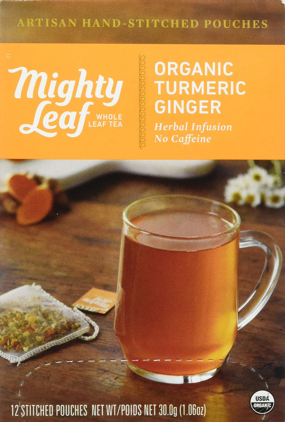 Mighty Leaf Organic Turmeric Ginger Tea box with USDA Organic seal.