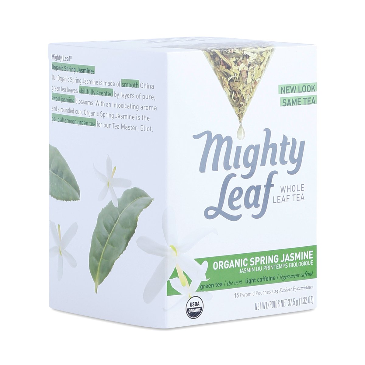 Mighty Leaf Organic Spring Jasmine Green Tea silk pouch for fragrant, lightly caffeinated brew.