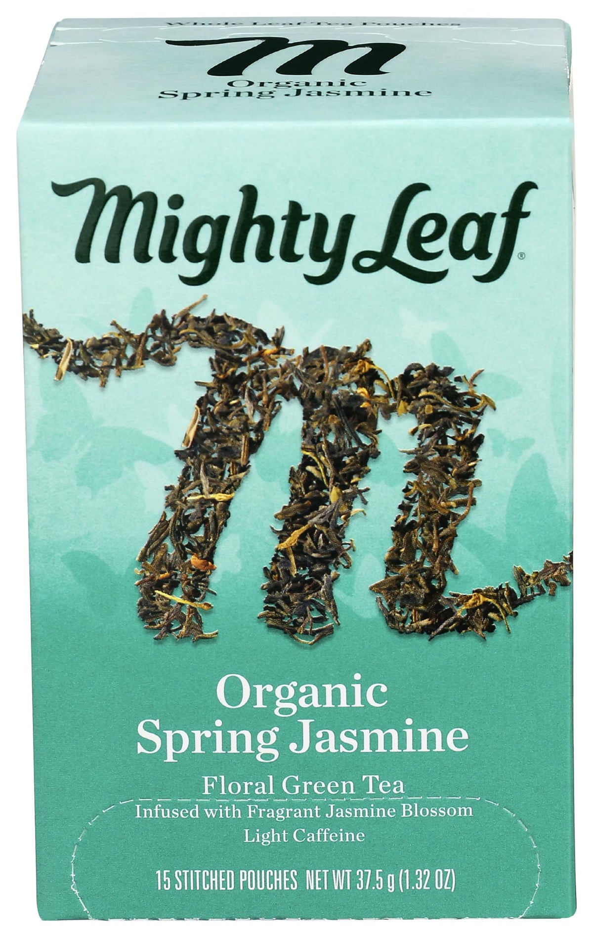 Mighty Leaf Spring Jasmine tea pouch releases fragrant aroma for serene moments.