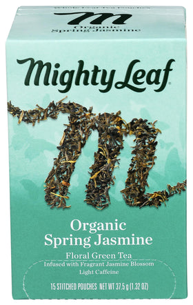 Mighty Leaf Spring Jasmine tea pouch releases fragrant aroma for serene moments.