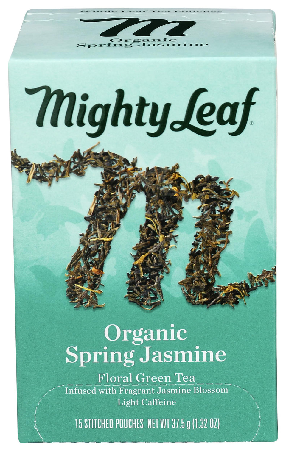 Mighty Leaf Spring Jasmine tea pouch releases fragrant aroma for serene moments.