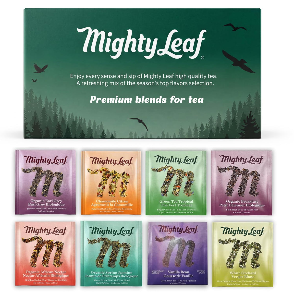 Mighty Leaf Organic Tea Sampler box with eight flavors for gifting and tasting.