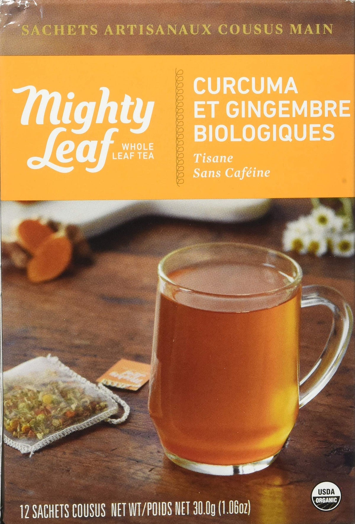 Mighty Leaf tea steeping in a cup with warm aroma.