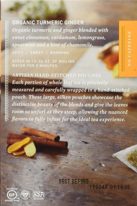 Mighty Leaf tea bags close-up showcasing turmeric and ginger flavors.