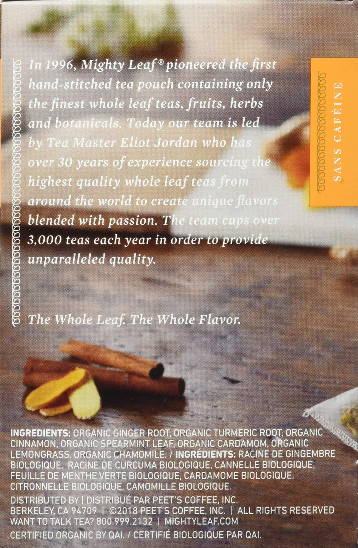 Mighty Leaf packaging highlights USDA Organic, kosher, and vegan certifications.