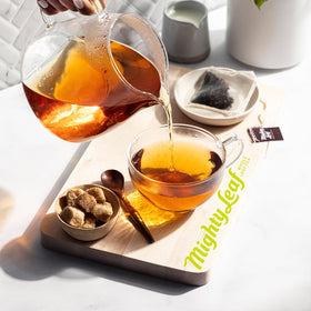 Mighty Leaf White Orchard display highlights premium, gourmet tea in silken pouches.