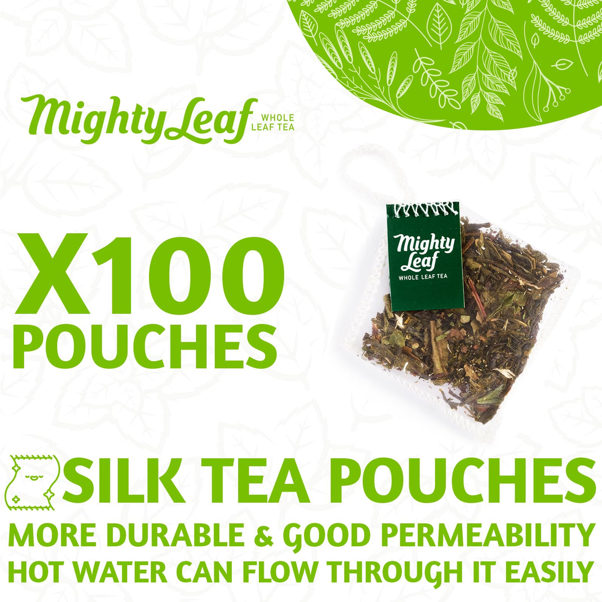Mighty Leaf White Orchard silken tea pouches showcase whole leaves for richer aroma.