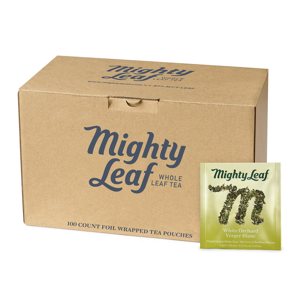 Mighty Leaf White Orchard tea box with foil wrap keeps freshness for hot or iced brewing.