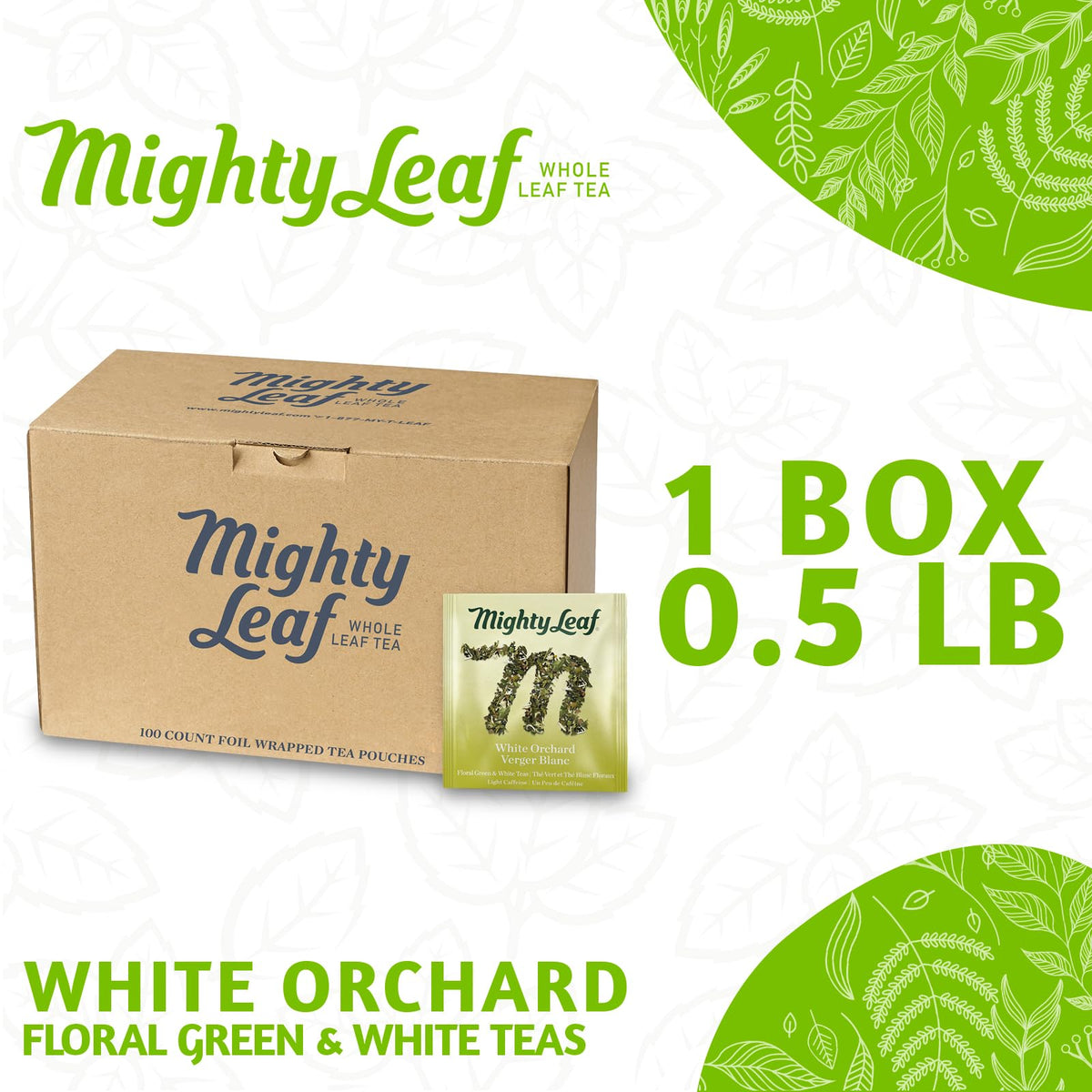 Mighty Leaf White Orchard whole leaf blend delivers smooth, mellow flavor in every cup.