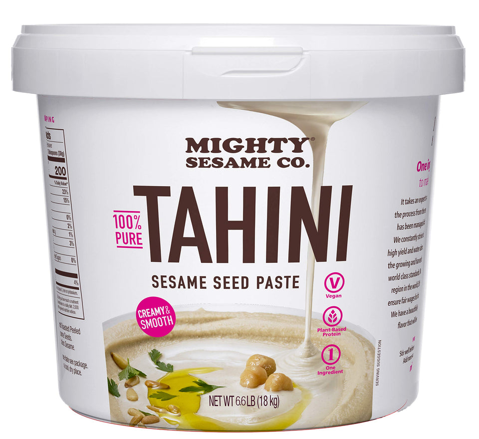 Mighty Sesame Co. Classic Tahini pail pour highlights silky texture ideal for sauces