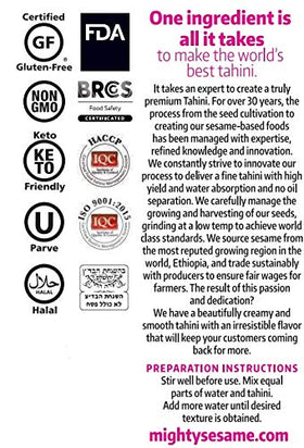 Mighty Sesame Co. Tahini kitchen uses illustrates drizzling and creamy dollops