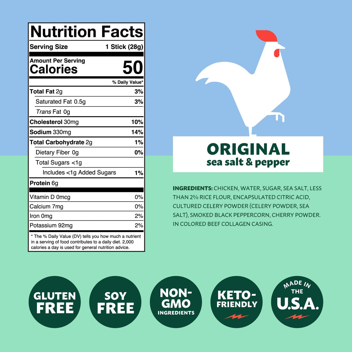 Mighty Spark Chicken Snack Sticks ingredients close-up showing simple, all-natural chicken and seasonings.