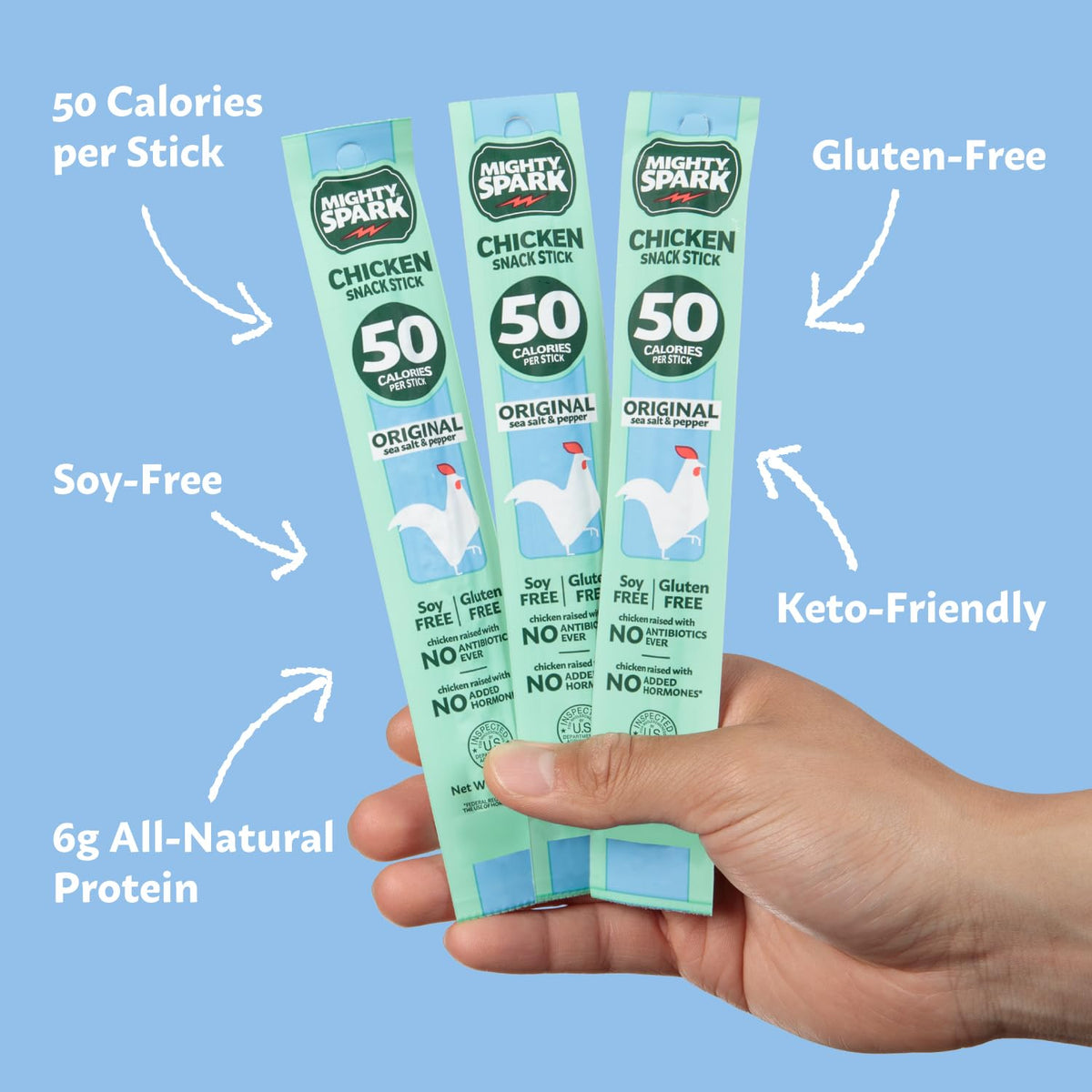 Mighty Spark packaging highlighting no antibiotics ever and nitrate-free ingredients.