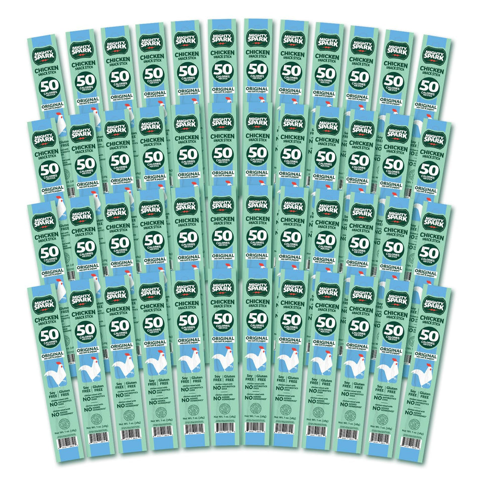 Mighty Spark Chicken Snack Sticks Original Sea Salt & Pepper pack showcasing on-the-go protein
