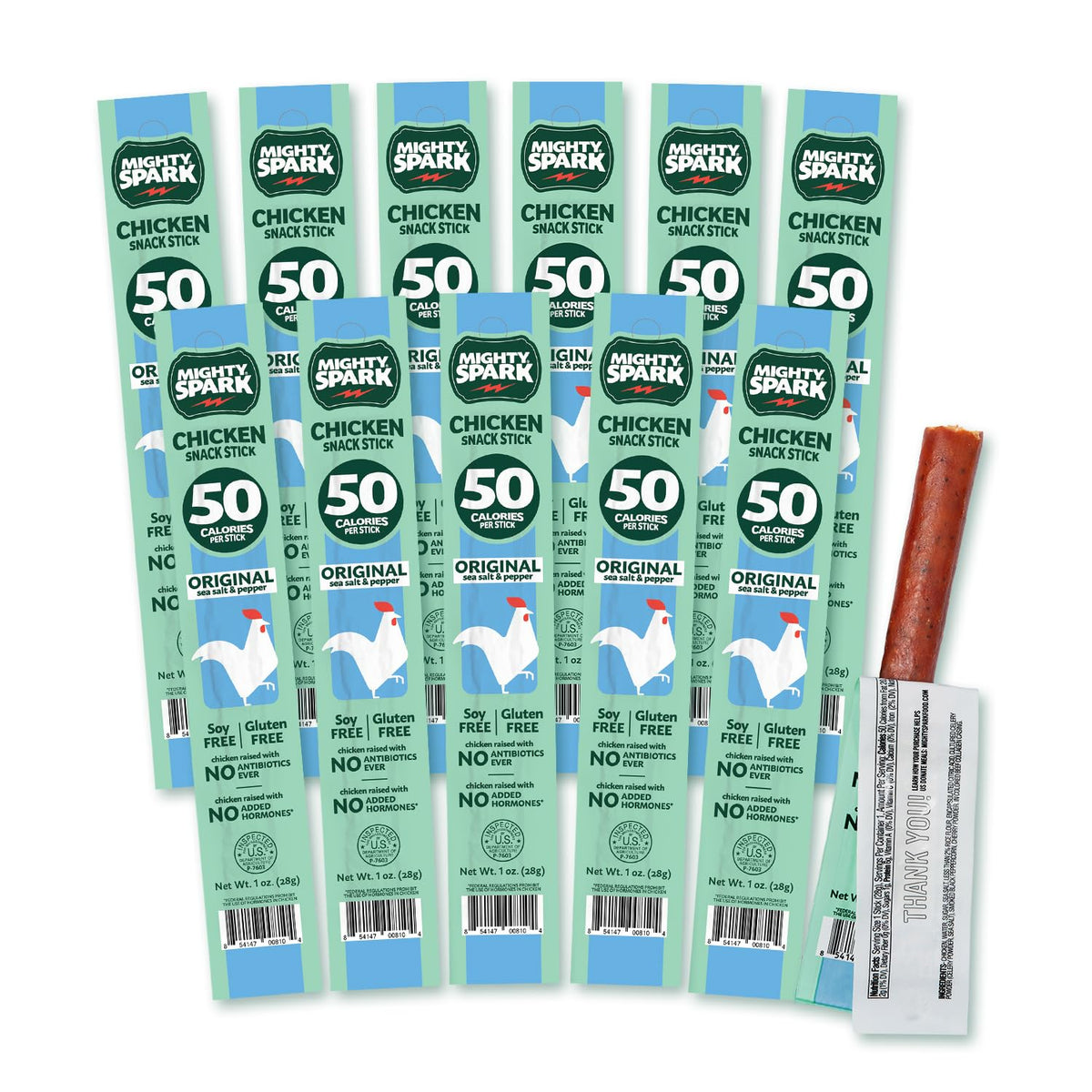 Mighty Spark Chicken Snack Sticks front pack shot displaying original sea salt and pepper flavor, high-protein snack.