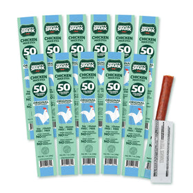 Mighty Spark Chicken Snack Sticks front pack shot displaying original sea salt and pepper flavor, high-protein snack.
