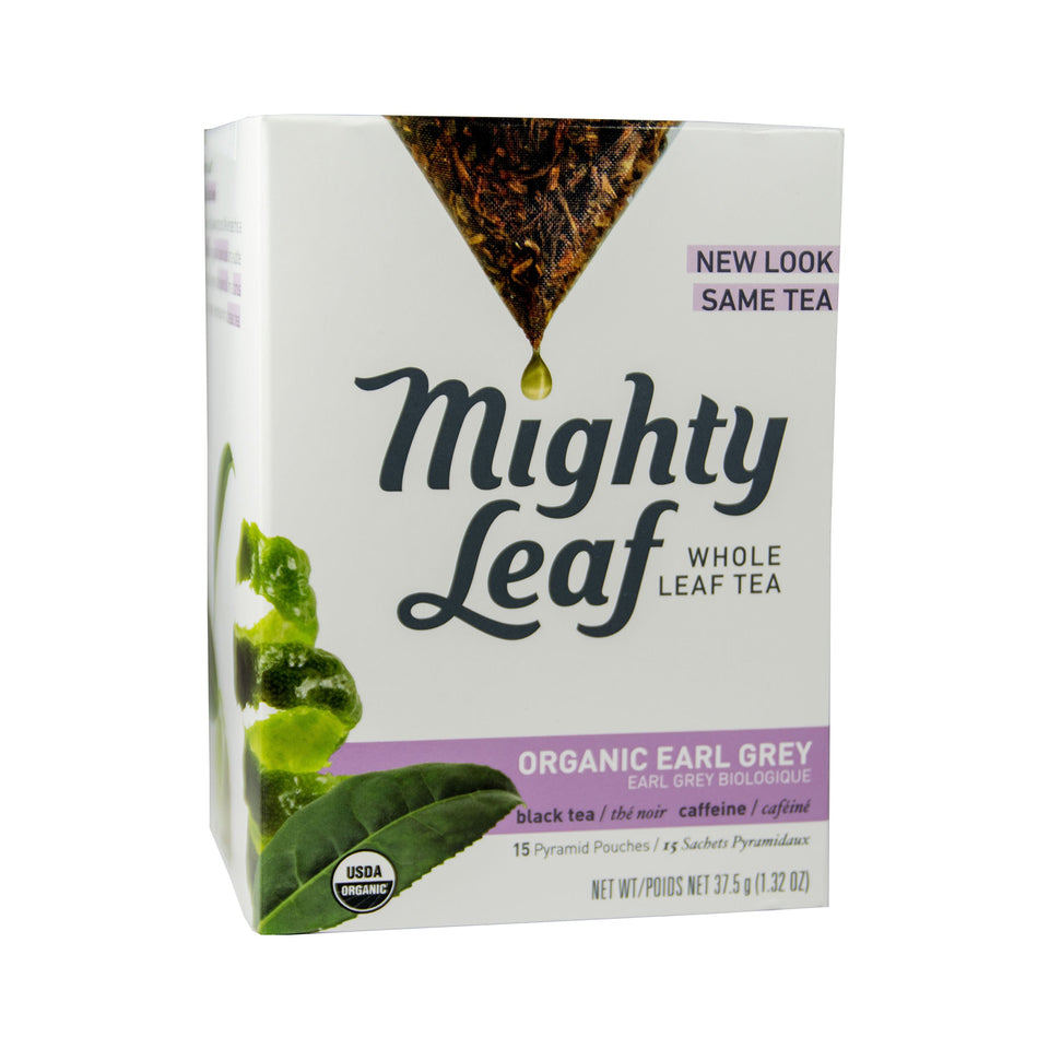 Mighty Leaf Earl Grey tea bags in pyramid sachets deliver rich flavor and aroma.