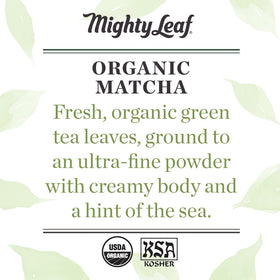 Mighty Leaf Matcha green color close-up shows vivid emerald powder ready for whisking.
