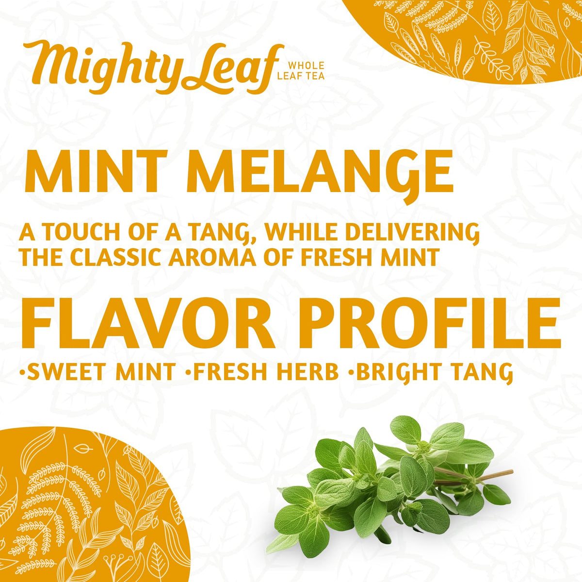Mighty Leaf Mint Melange organic, caffeine-free blend for anytime enjoyment.