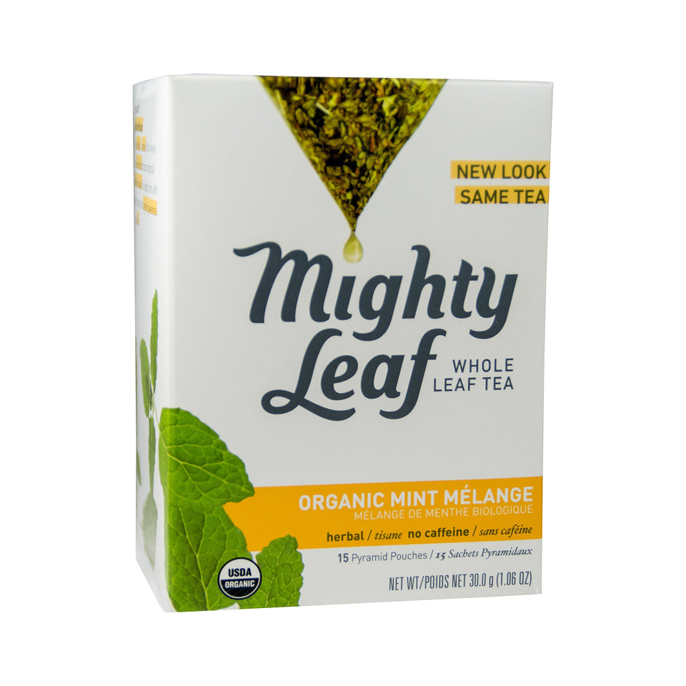 Mighty Leaf Mint Mélange tea bags deliver refreshing caffeine-free infusion for hot or iced drinks
