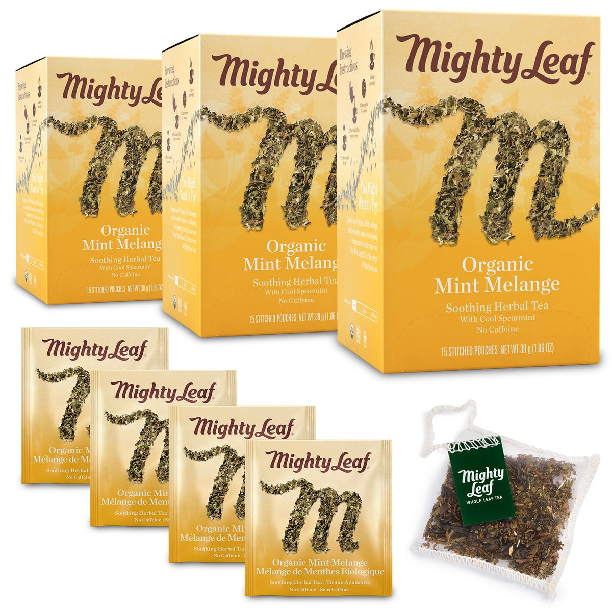 Mighty Leaf Mint Melange tea bags steep for a crisp, refreshing cup.