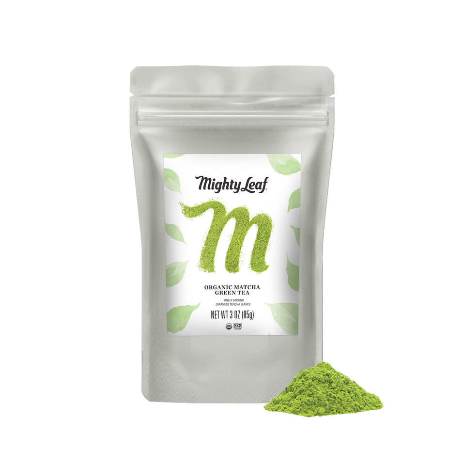 Mighty Leaf Organic Matcha powder in a 3 oz bag, vibrant green for ceremonial-style prep.