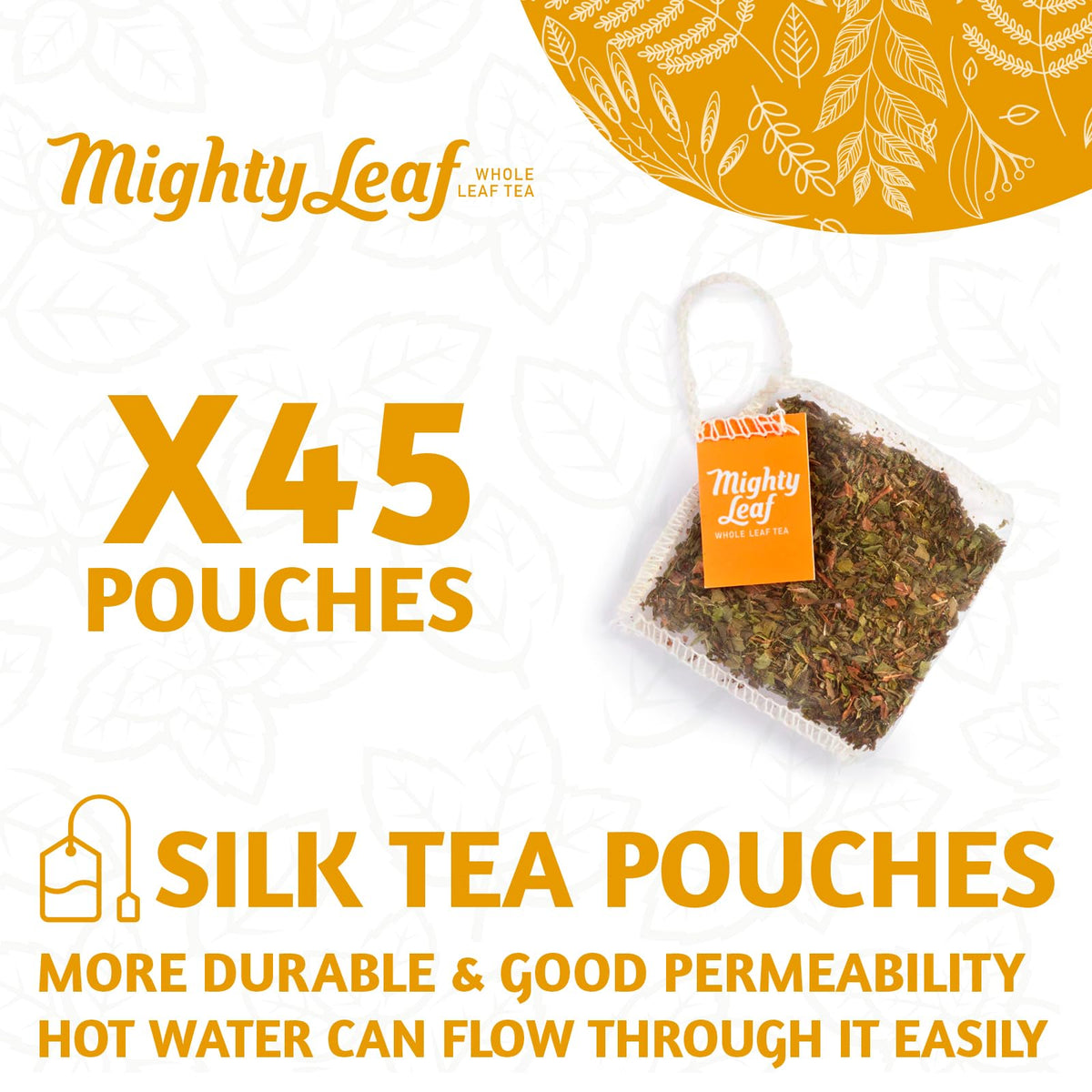 Mighty Leaf Mint Melange whole leaf in silky pouches for fuller flavor.