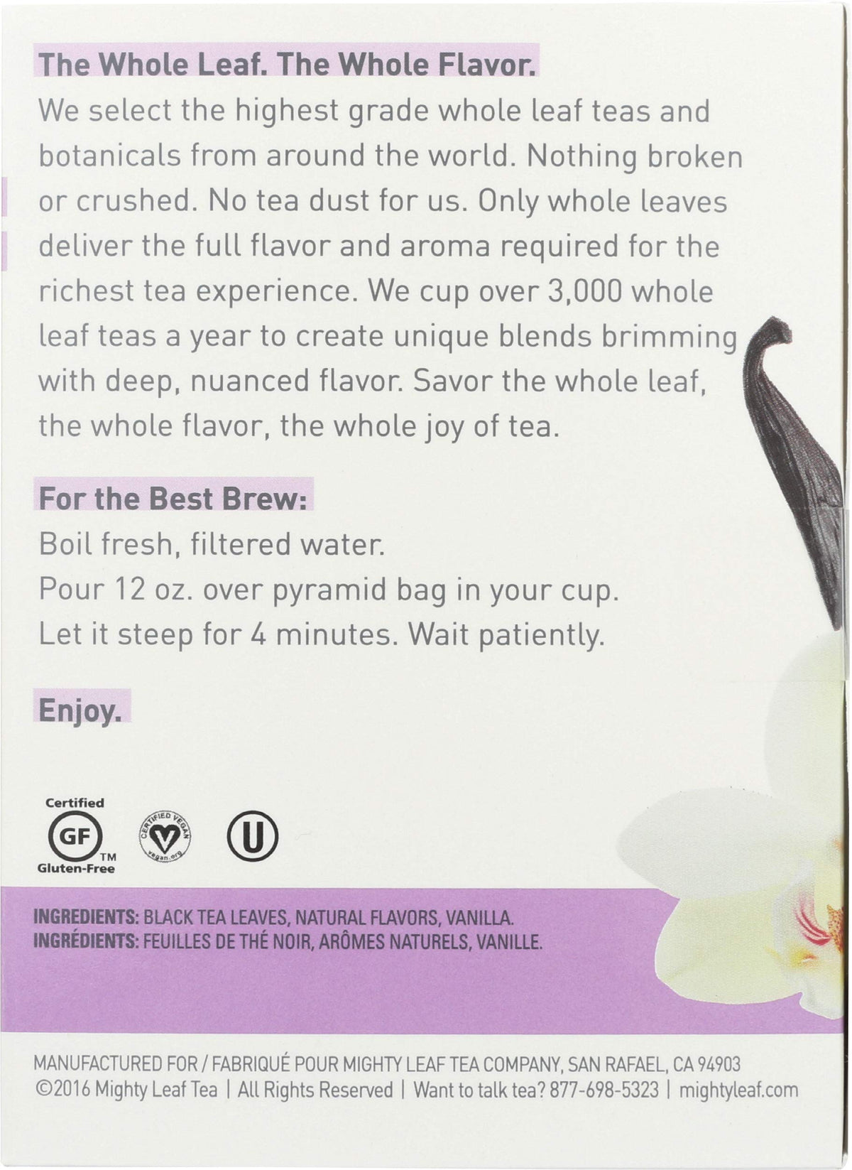 Mighty Leaf vanilla bean tea being poured for a soothing sip.