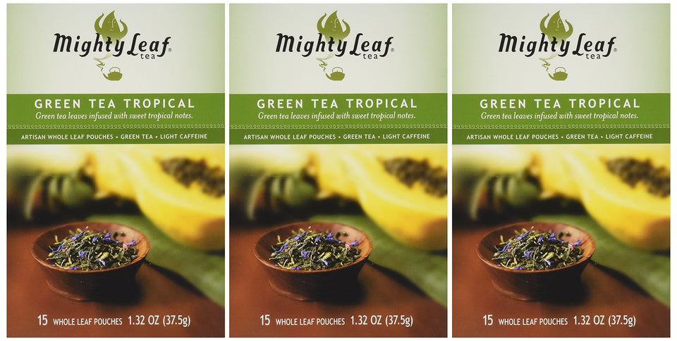 Mighty Leaf tropical green tea pouches pack 3 for a refreshing, aromatic cup.