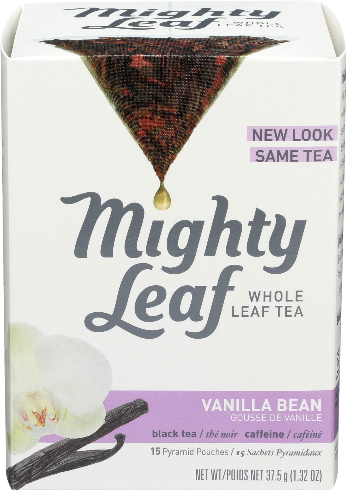Mighty Leaf Vanilla Bean tea cup with rich aroma and caffeine lift.