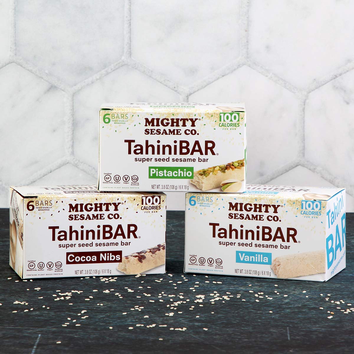 Mighty Sesame Co TahiniBars Cocoa Nibs: dairy-free treat with chocolatey crunch.