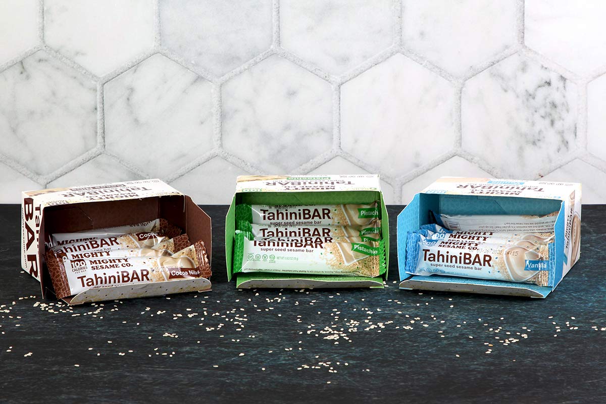 Mighty Sesame Co TahiniBars Pistachio: nutty flavor and protein-friendly, gluten-free portability.