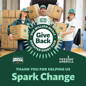 Mighty Spark brand mission giving back, purchase supports meals for those in need