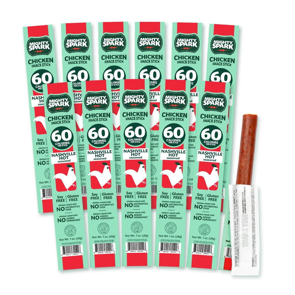 Mighty Spark Nashville Hot chicken snack sticks packaging – on-the-go protein for workouts.